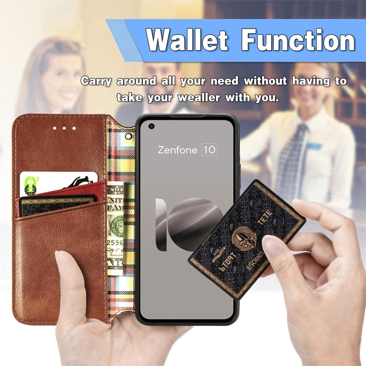 For ASUS Zenfone 10 Cubic Grid Pressed Magnetic Leather Phone Case(Brown) by bashfashion
