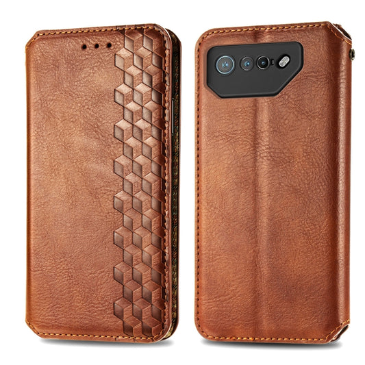 For ASUS ROG Phone 7 Cubic Grid Pressed Magnetic Leather Phone Case(Brown) by bashfashion