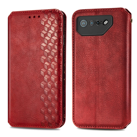 For ASUS ROG Phone 7 Cubic Grid Pressed Magnetic Leather Phone Case(Red) by bashfashion