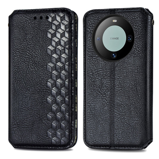 For Huawei Mate 60 Pro Cubic Grid Pressed Magnetic Leather Phone Case(Black) by bashfashion