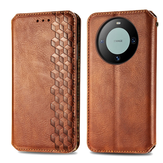 For Huawei Mate 60 Pro Cubic Grid Pressed Magnetic Leather Phone Case(Brown) by bashfashion