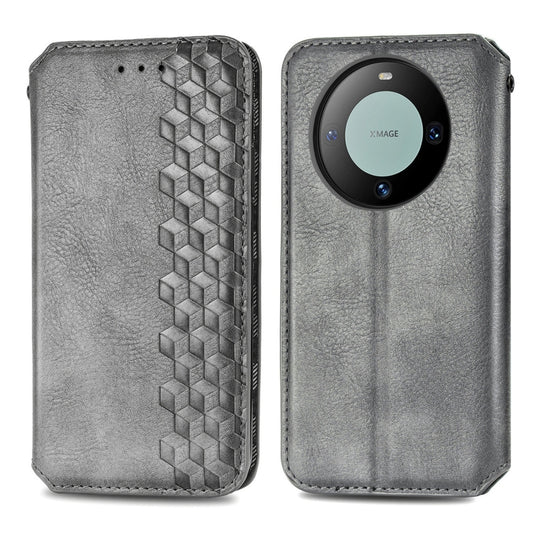For Huawei Mate 60 Pro Cubic Grid Pressed Magnetic Leather Phone Case(Grey) by bashfashion