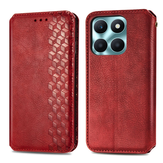 For Honor X6a Cubic Grid Pressed Magnetic Leather Phone Case(Red) by bashfashion