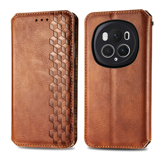 For Honor Magic6 Pro Cubic Grid Pressed Magnetic Leather Phone Case(Brown) by bashfashion
