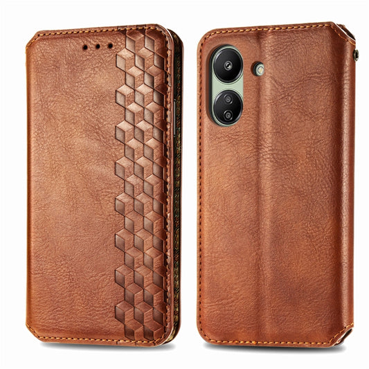 For Xiaomi Redmi 13C Cubic Grid Pressed Magnetic Leather Phone Case(Brown) by bashfashion