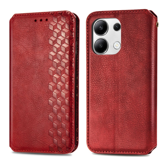 For Xiaomi Redmi Note 13 4G Cubic Grid Pressed Magnetic Leather Phone Case(Red) by bashfashion
