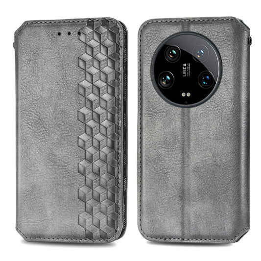 For Xiaomi 14 Ultra Cubic Grid Pressed Magnetic Leather Phone Case(Grey) by bashfashion