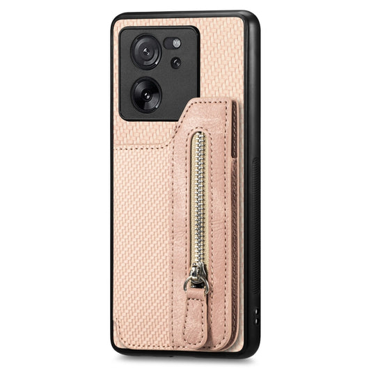 For Xiaomi 13T / 13T Pro Carbon Fiber Flip Zipper Wallet Phone Case(Apricot) by bashfashion