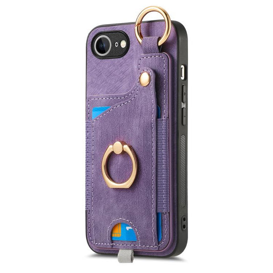 For iPhone 16e Retro Skin-feel Ring Card Bag Phone Case with Hang Loop(Purple) by bashfashion