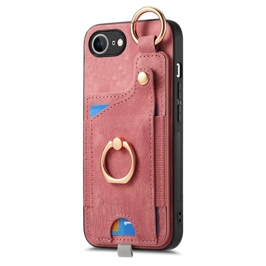 For iPhone 16e Retro Skin-feel Ring Card Bag Phone Case with Hang Loop(Pink) by bashfashion