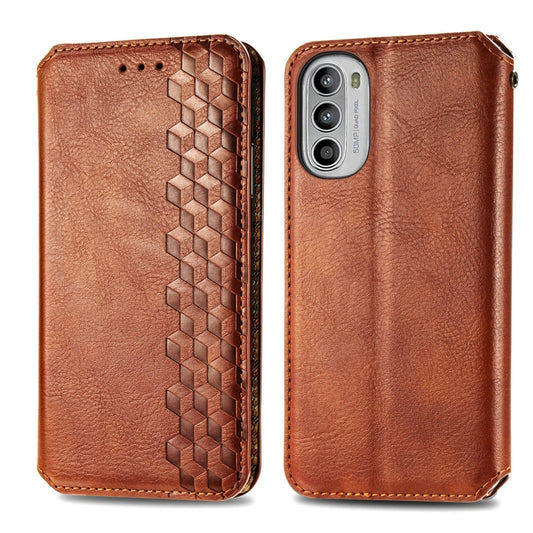For Motorola Moto G52 Cubic Grid Pressed Magnetic Leather Phone Case(Brown) by bashfashion