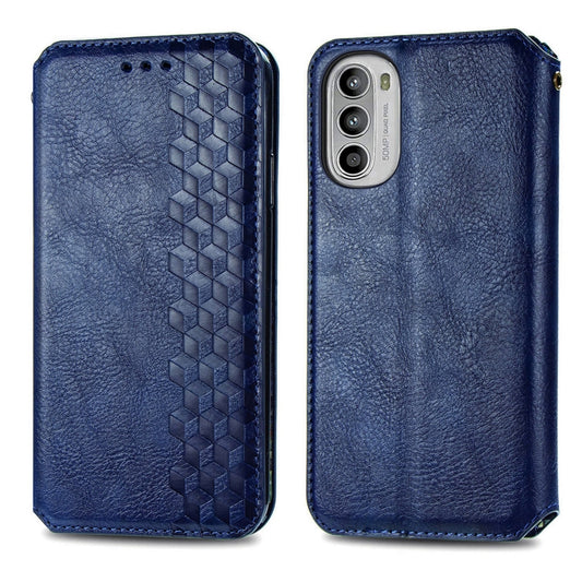 For Motorola Moto G52 Cubic Grid Pressed Magnetic Leather Phone Case(Blue) by bashfashion