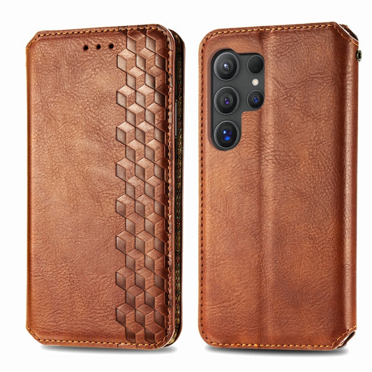 For Samsung Galaxy S24 Ultra 5G Cubic Grid Pressed Magnetic Leather Phone Case(Brown) by bashfashion