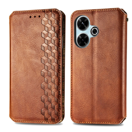 For Redmi 13 4G Cubic Grid Pressed Magnetic Leather Phone Case(Brown) by bashfashion