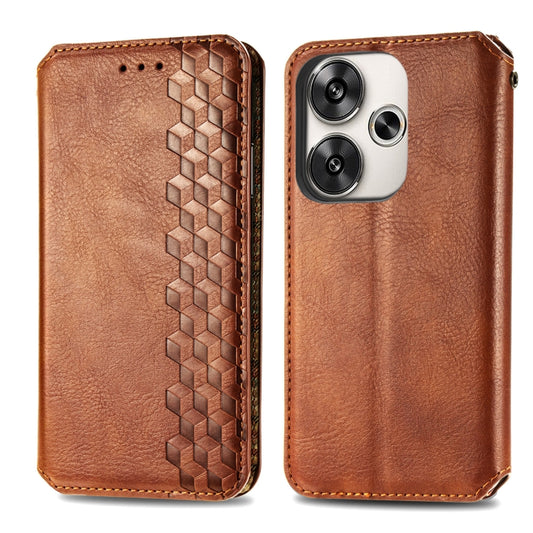 For Redmi Turbo 3 5G Cubic Grid Pressed Magnetic Leather Phone Case(Brown) by bashfashion