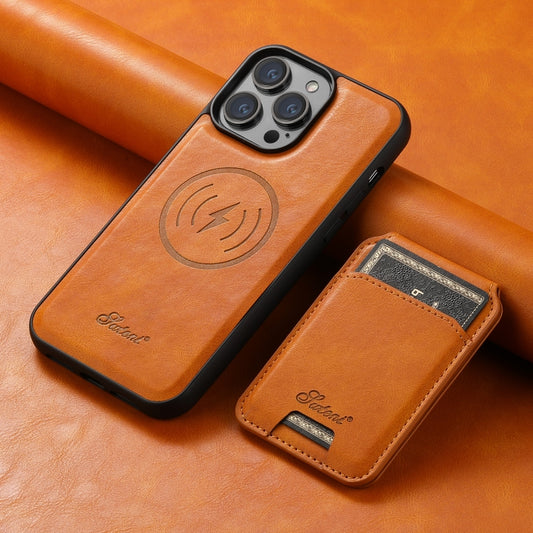 For iPhone 14 Suteni H15 MagSafe Oil Eax Leather Detachable Wallet Back Phone Case(Khaki) by Suteni