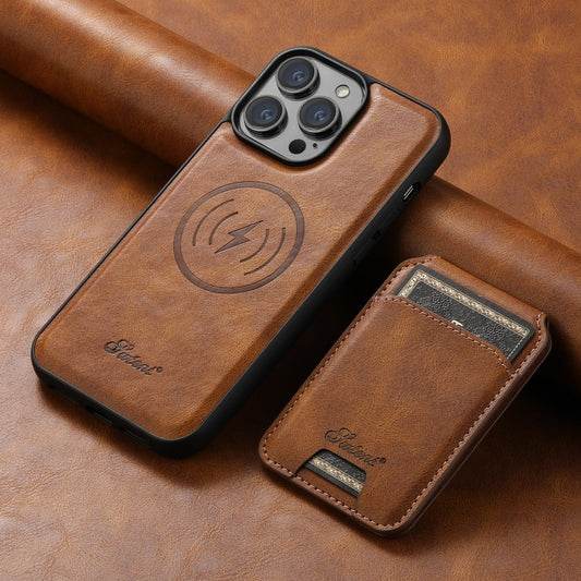 For iPhone 13 Suteni H15 MagSafe Oil Eax Leather Detachable Wallet Back Phone Case(Brown) by Suteni