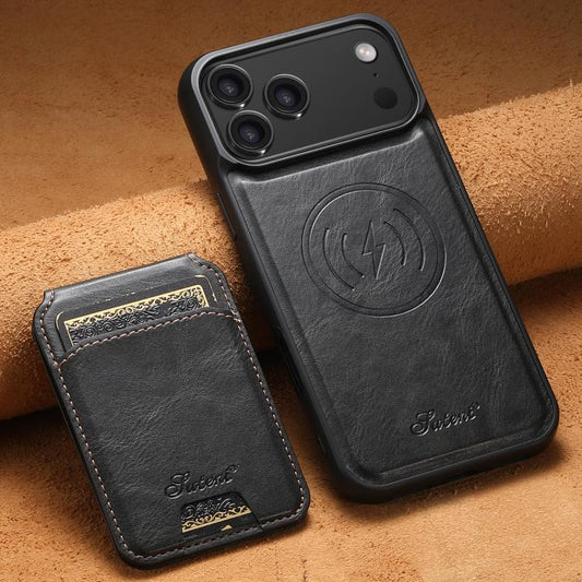 For iPhone 17 Pro Max Suteni H15 MagSafe Oil Eax Leather Detachable Wallet Back Phone Case(Black) by Suteni