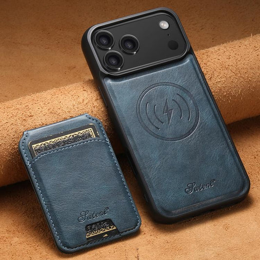 For iPhone 17 Pro Suteni H15 MagSafe Oil Eax Leather Detachable Wallet Back Phone Case(Blue) by Suteni