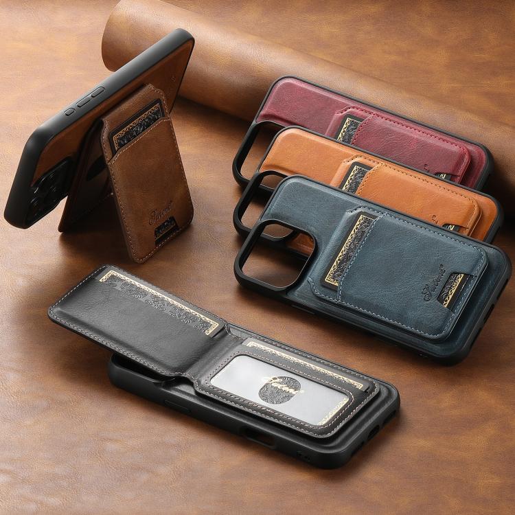 For iPhone 12 Pro Max Suteni H15 MagSafe Oil Eax Leather Detachable Wallet Back Phone Case(Khaki) by Suteni