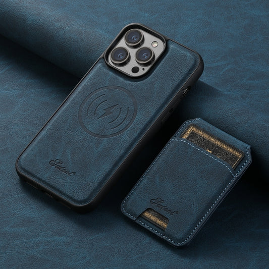 For iPhone 14 Suteni H16 Litchi Texture Leather Detachable Wallet Back Phone Case(Blue) by Suteni