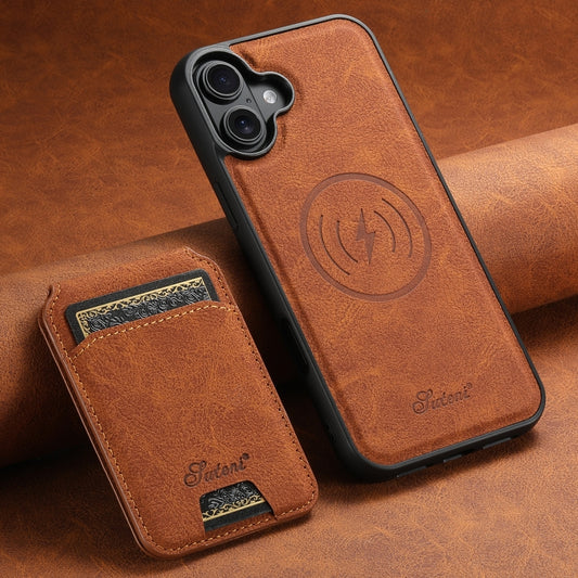 For iPhone 16 Plus Suteni H16 Litchi Texture Leather Detachable Wallet Back Phone Case(Khaki) by Suteni