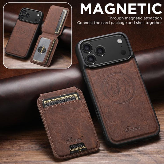 For iPhone 17 Pro Suteni H16 Litchi Texture Leather Detachable Wallet Back Phone Case(Brown) by Suteni