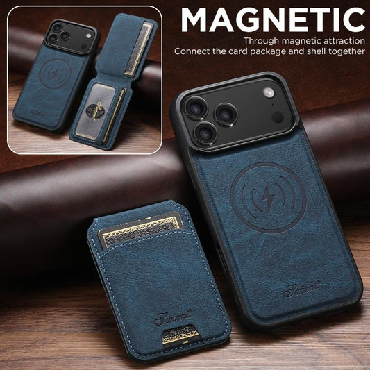 For iPhone 17 Pro Suteni H16 Litchi Texture Leather Detachable Wallet Back Phone Case(Blue) by Suteni