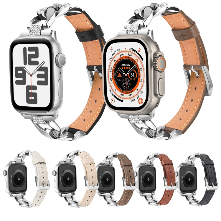 For Apple Watch Ultra 2 49mm Rhinestone Denim Chain Leather Watch Band(Apricot) by bashfashion