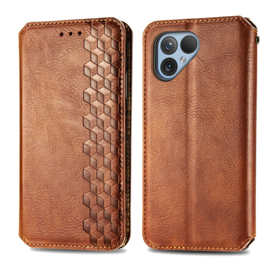 For Fairphone 5 Cubic Grid Pressed Magnetic Leather Phone Case(Brown) by bashfashion