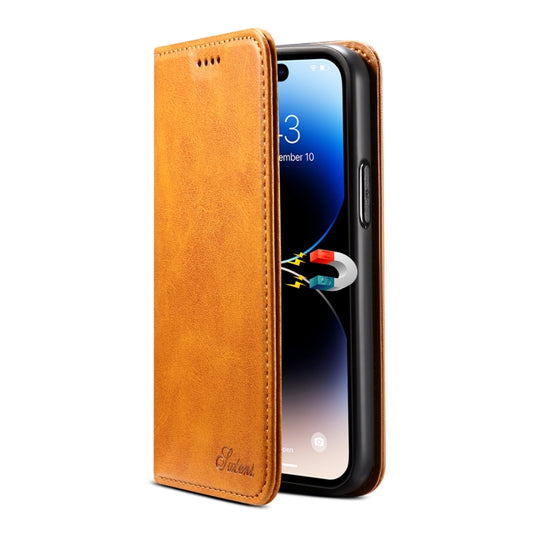 For iPhone 15 Pro Max Suteni Calf Texture Horizontal Flip Leather Phone Case(Khaki) by Suteni