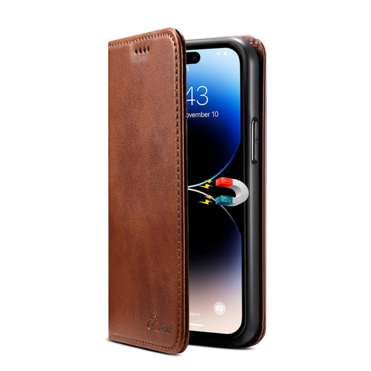 For iPhone 15 Pro Suteni Calf Texture Horizontal Flip Leather Phone Case(Brown) by Suteni