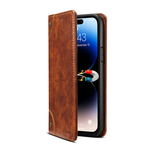 For iPhone 15 Pro Suteni Baroque Calf Texture Buckle Wallet Leather Phone Case(Khaki) by Suteni