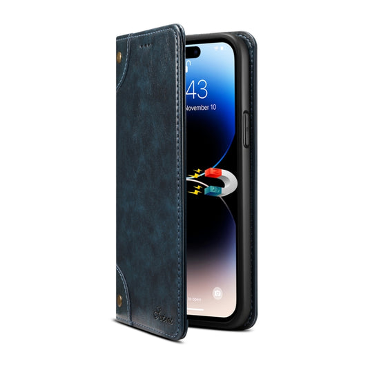 For iPhone 15 Pro Suteni Baroque Calf Texture Buckle Wallet Leather Phone Case(Blue) by Suteni