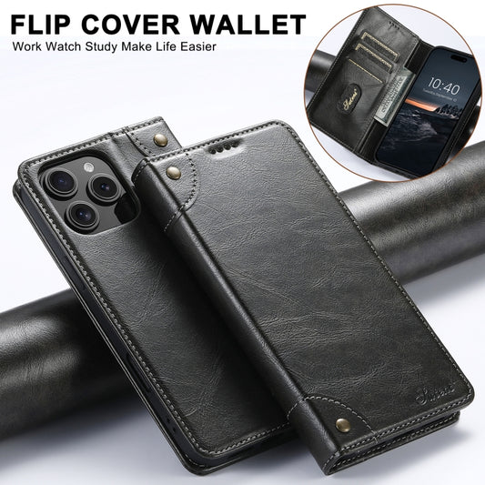 For iPhone 16 Suteni Baroque Calf Texture Buckle Wallet Leather Phone Case(Black) by Suteni