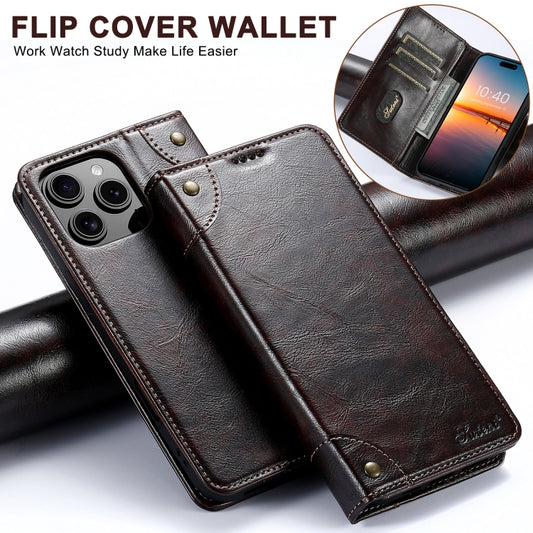 For iPhone 16 Suteni Baroque Calf Texture Buckle Wallet Leather Phone Case(Brown) by Suteni