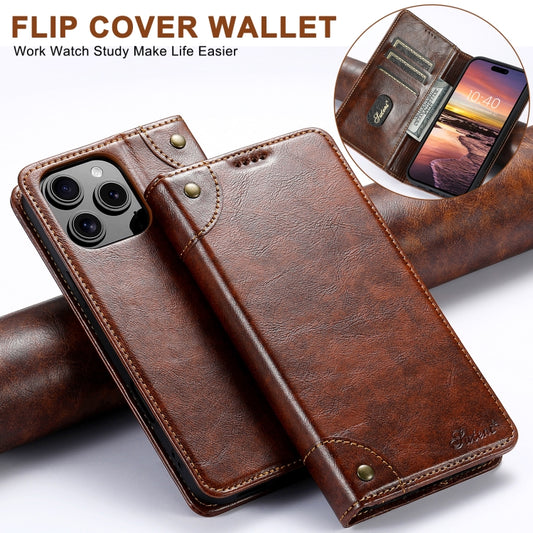 For iPhone 16 Pro Max Suteni Baroque Calf Texture Buckle Wallet Leather Phone Case(Khaki) by Suteni