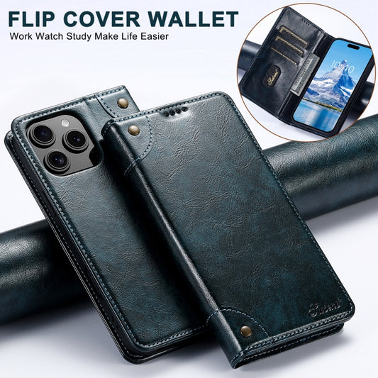 For iPhone 16 Pro Max Suteni Baroque Calf Texture Buckle Wallet Leather Phone Case(Blue) by Suteni