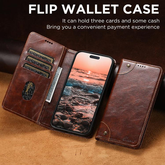 For iPhone 17 Pro Max Suteni Baroque Calf Texture Buckle Wallet Leather Phone Case(Khaki) by Suteni