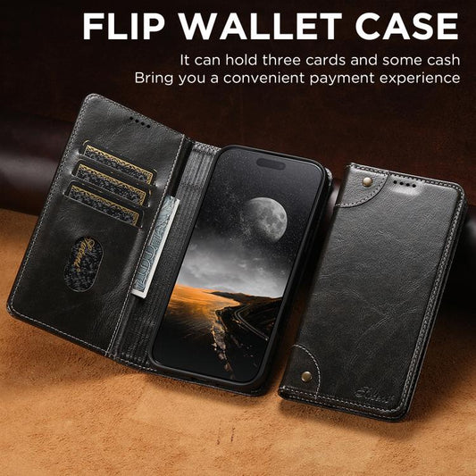 For iPhone 17 Pro Suteni Baroque Calf Texture Buckle Wallet Leather Phone Case(Black) by Suteni