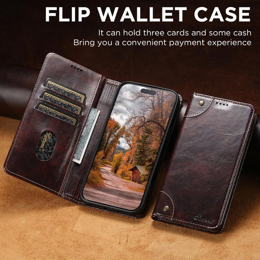 For iPhone 17 Suteni Baroque Calf Texture Buckle Wallet Leather Phone Case(Brown) by Suteni
