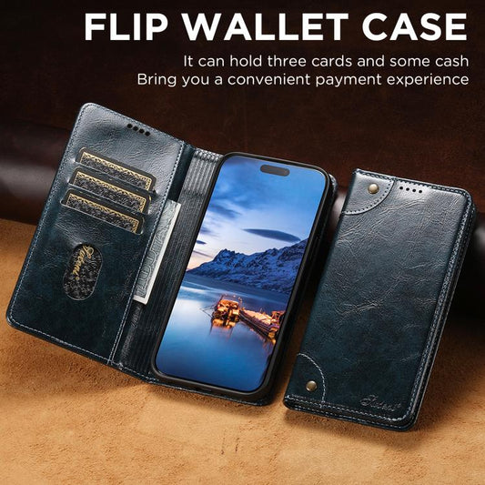For iPhone 17 Suteni Baroque Calf Texture Buckle Wallet Leather Phone Case(Blue) by Suteni