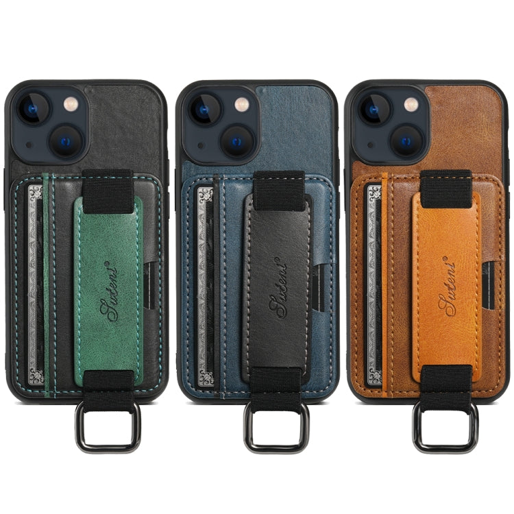 For iPhone 15 Suteni H13 Card Wallet Wrist Strap Holder PU Phone Case(Black) by Suteni