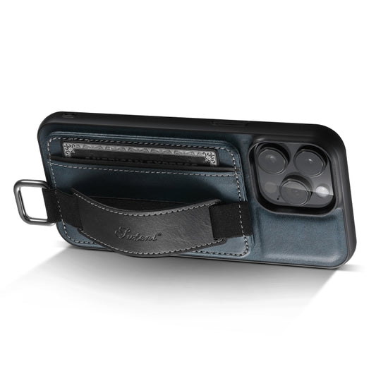 For iPhone 15 Pro Suteni H13 Card Wallet Wrist Strap Holder PU Phone Case(Blue) by Suteni