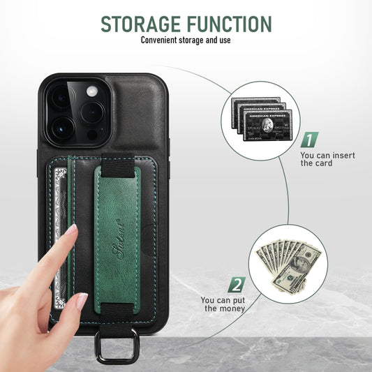 For iPhone 16 Suteni H13 Card Wallet Wrist Strap Holder PU Phone Case(Black) by Suteni