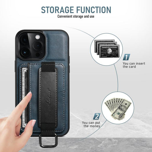 For iPhone 16e Suteni H13 Card Wallet Wrist Strap Holder PU Phone Case(Blue) by Suteni
