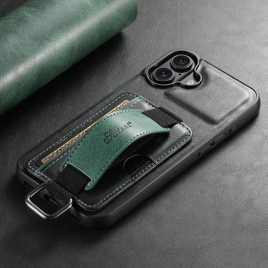 For iPhone 17 Suteni H13 Card Wallet Wrist Strap Holder PU Phone Case(Black) by Suteni