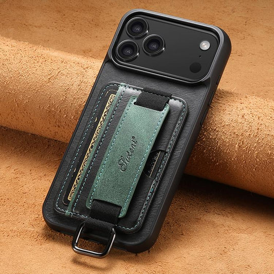 For iPhone 17 Pro Max Suteni H13 Card Wallet Wrist Strap Holder PU Phone Case(Black) by Suteni