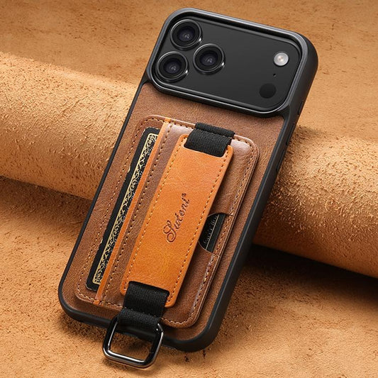 For iPhone 17 Pro Max Suteni H13 Card Wallet Wrist Strap Holder PU Phone Case(Brown) by Suteni