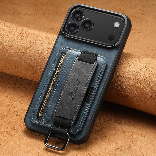 For iPhone 17 Pro Max Suteni H13 Card Wallet Wrist Strap Holder PU Phone Case(Blue) by Suteni